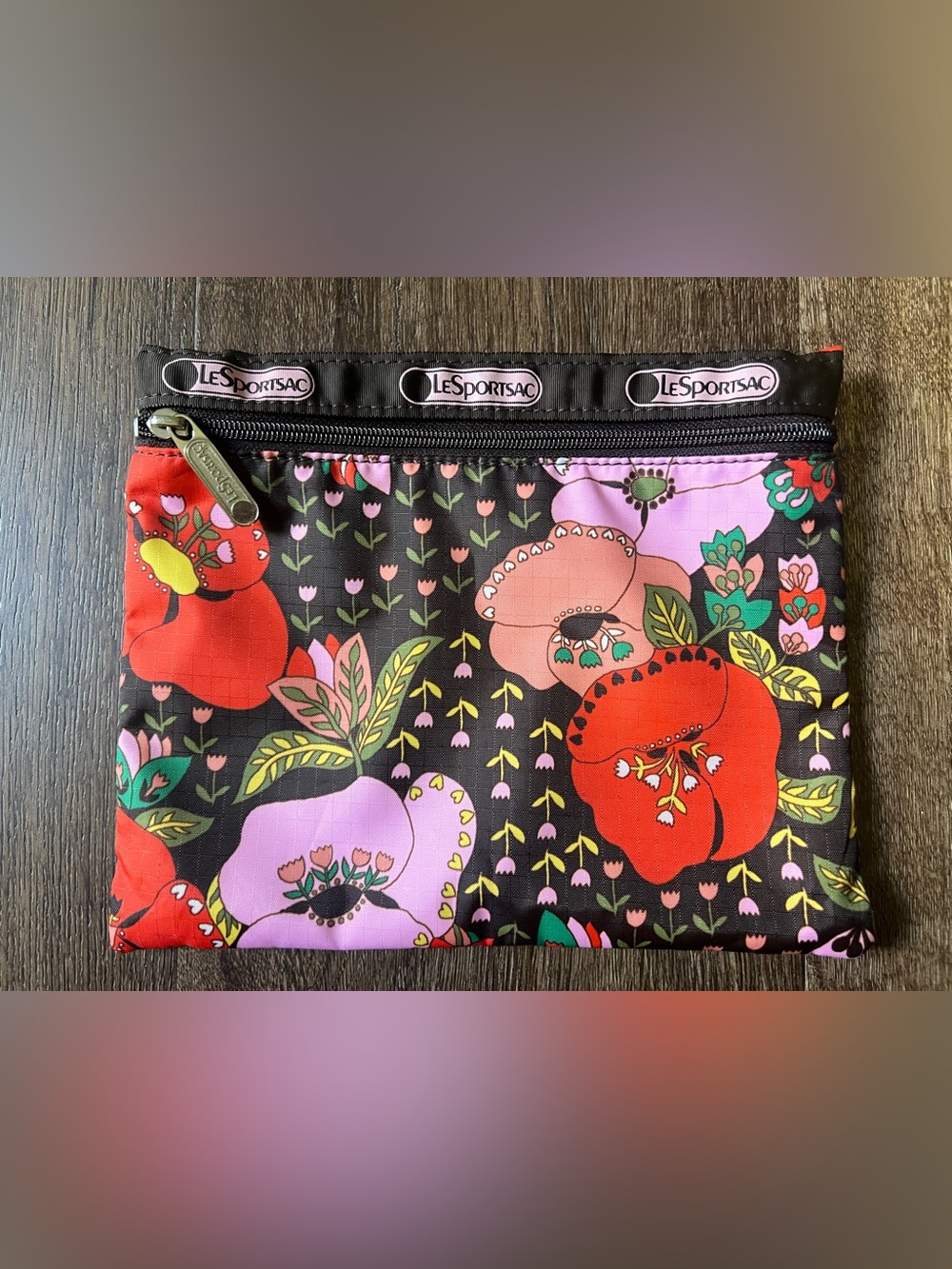 LeSportsac Zip-Up Pouch Bag Black Floral Poppy Anemone Tulip Print Retired